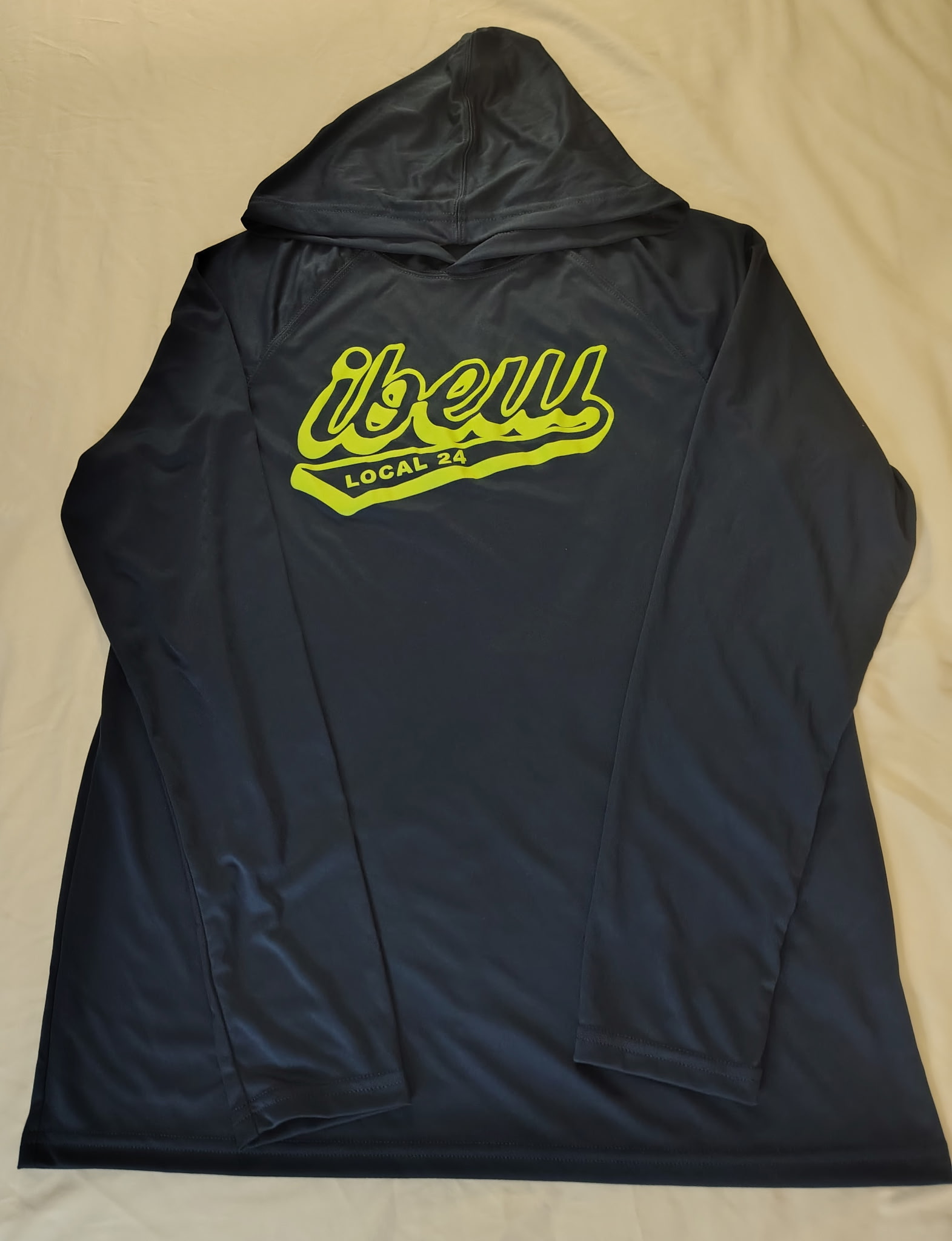 Navy IBEW Script Hoodie Tee with the IBEW script logo in safety yellow