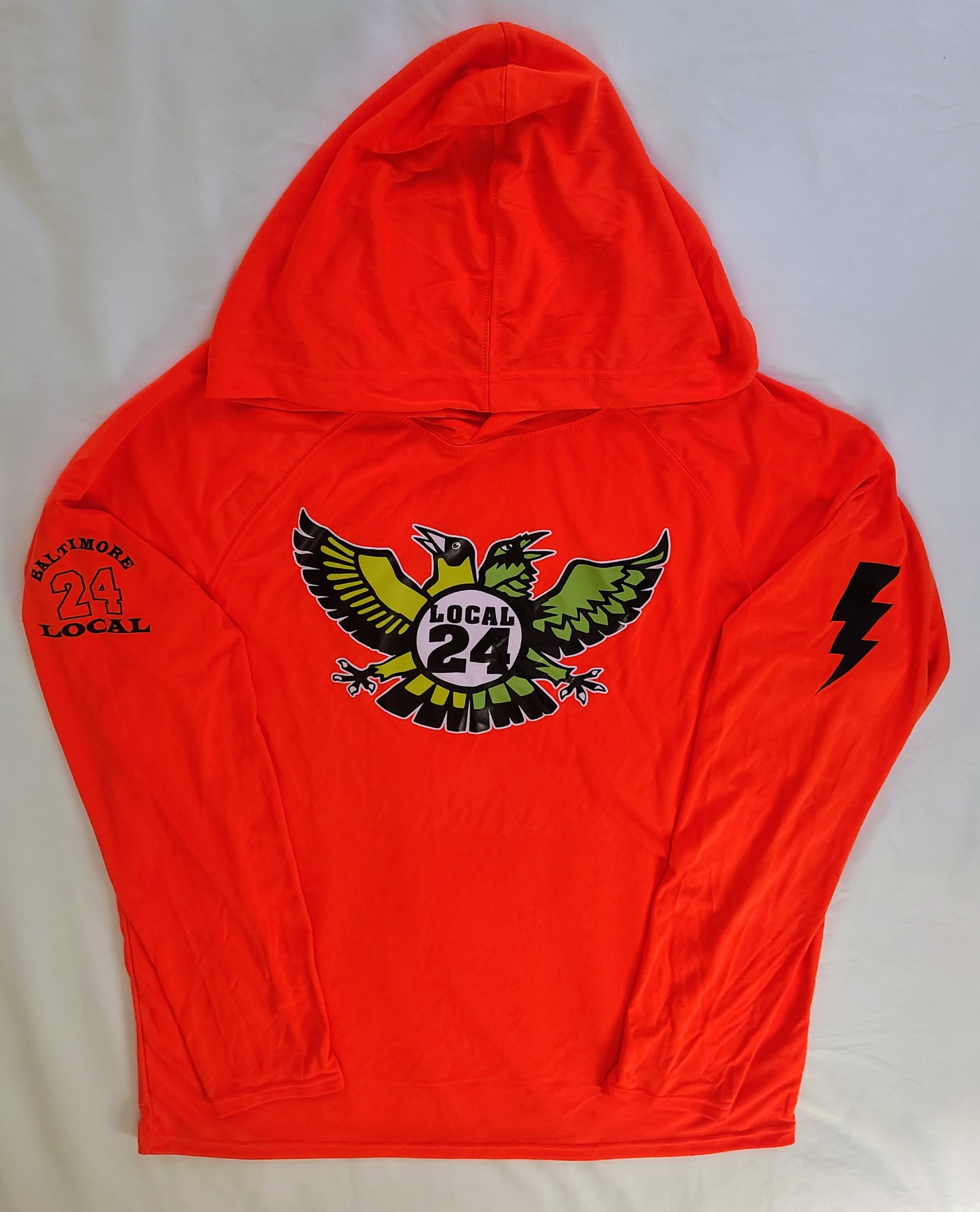 Safety orange Baltimore Oriole Performance Hoodie, back view, with oriole graphic and lightning bolt sleeve